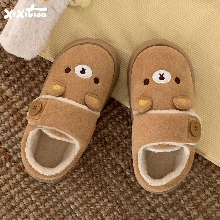细细条 软萌小熊魔术贴棉鞋女2025冬新款百搭可爱加绒乐福面包鞋
