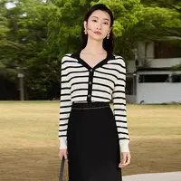 【婷婷专属】条纹V领简约通勤百搭气质商场同款25秋季新款针织衫女
