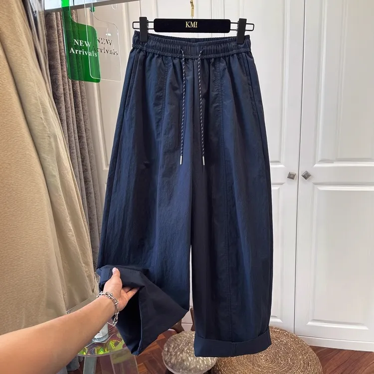 大码女装胖mm240斤松紧抽绳休闲长裤女宽松褶皱裤薄款阔腿九分裤
