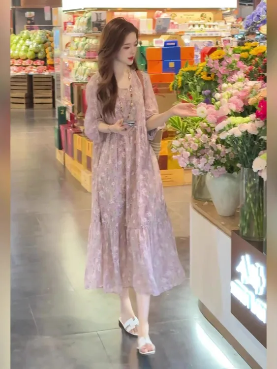 夏季新款法式印花休闲度假中长款连衣裙宽松大码时尚气质显瘦裙子