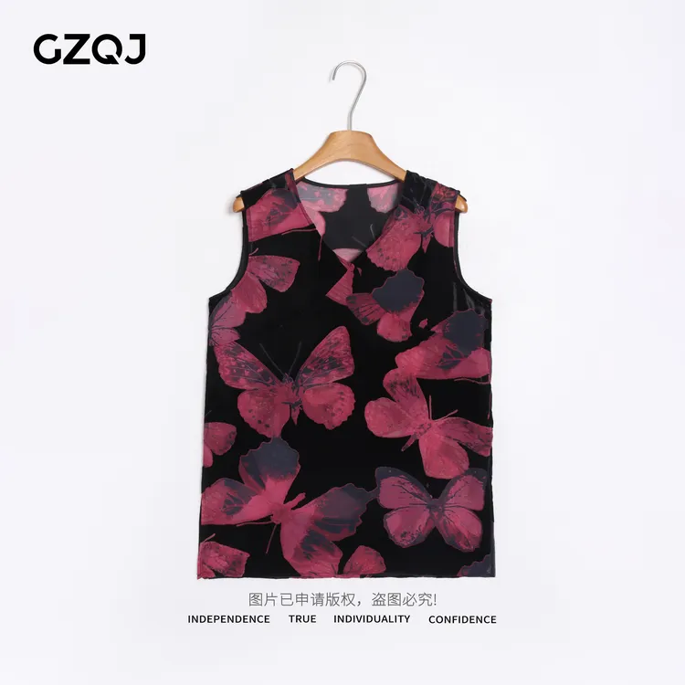 老琴私服 【粉蝶】欧若风国风时尚粉蝴蝶印花无袖上衣女背心夏7837