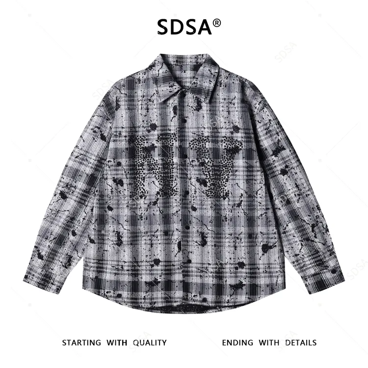 SDSA男士秋冬新款痞帅男装潮牌撞色格纹立体珠子字母设计长袖衬衫