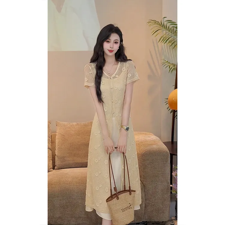 YUANLIANSU/圆脸酥【听雨画弦】温柔风刺绣蕾丝罩衫+吊带裙两件套女