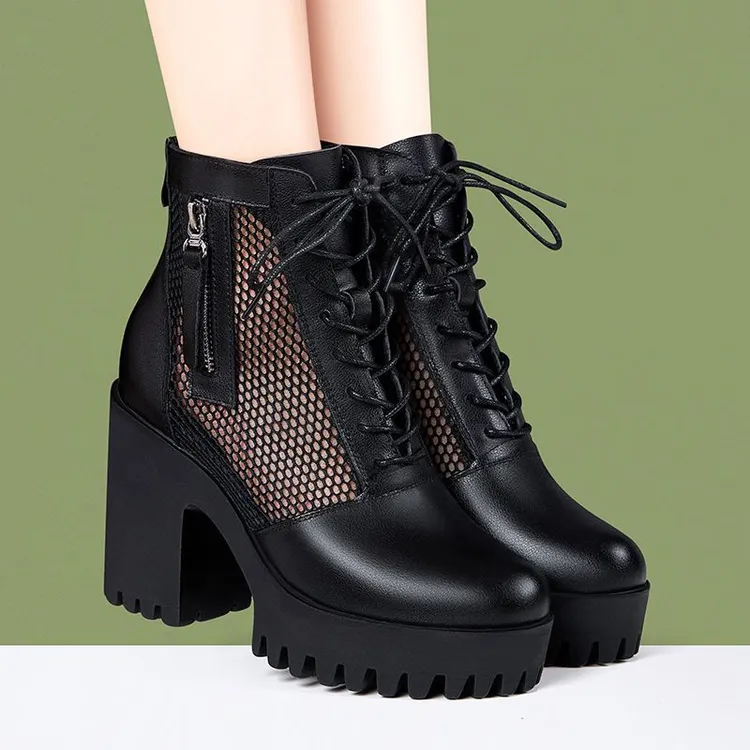 真皮粗跟夏季镂空短靴机车风亮筒靴女单靴春夏百搭中跟复古侧拉链