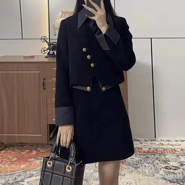 2025年春秋季新款时尚显瘦假两件小香风外套高腰半身裙两件套装女