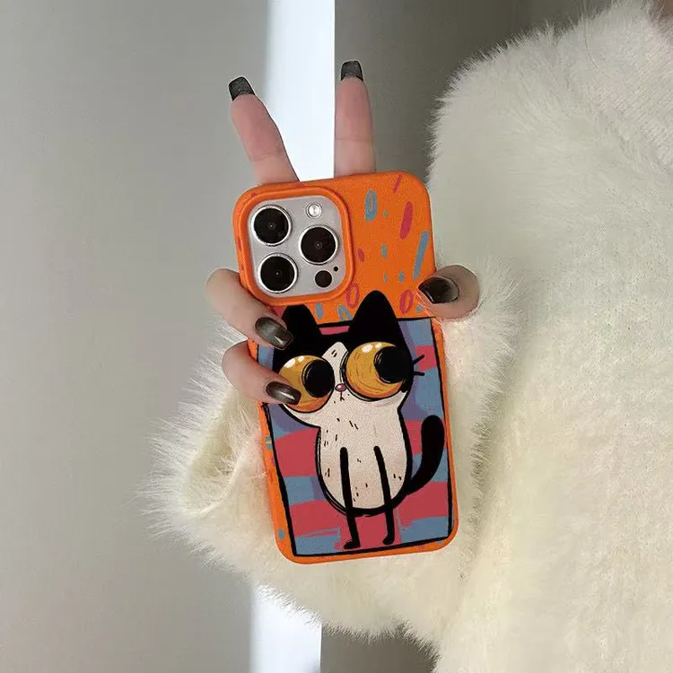 ins风抽象猫适用苹果16Promax手机壳iPhone14皮纹13创意1211防摔