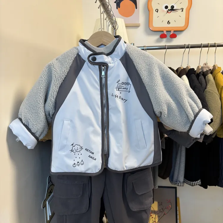 新品男童外套加绒加厚秋冬2025新款男童装洋气上衣儿童棉服毛韩系