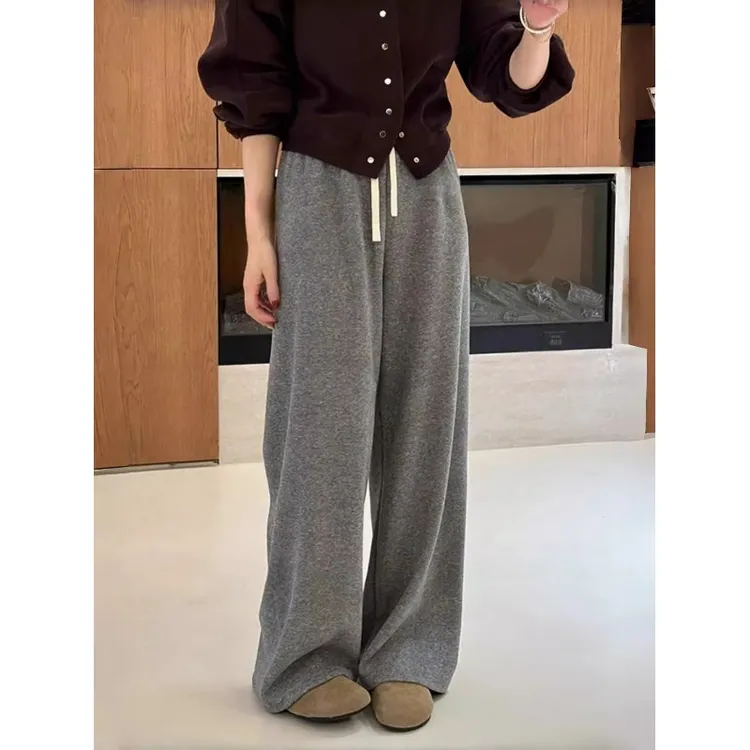 灰色窄版阔腿裤女秋冬新款宽松加绒直筒运动裤高腰垂感小个子卫裤