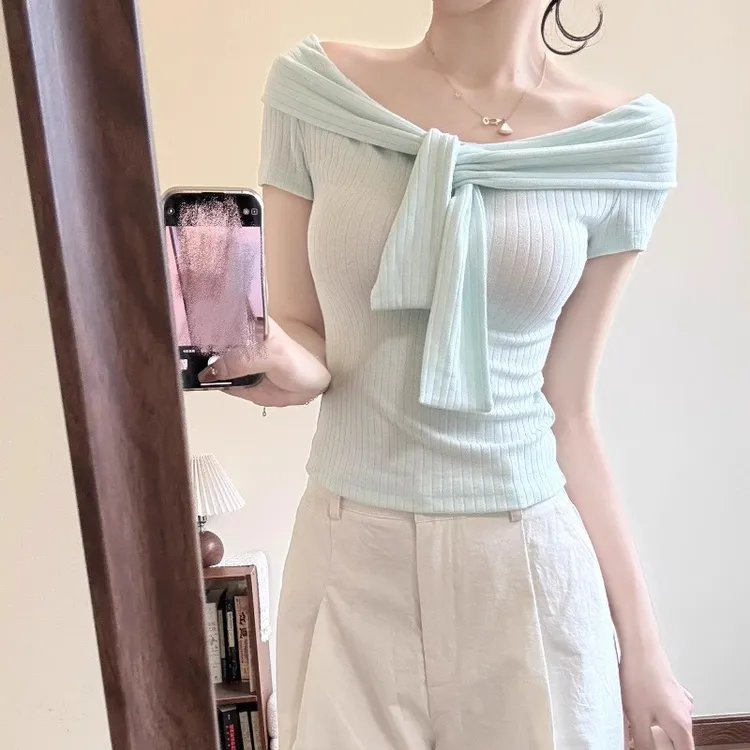 梦优莱甜美蝴蝶结系带短袖T恤女夏季新款时尚千金清冷感贵系衣服