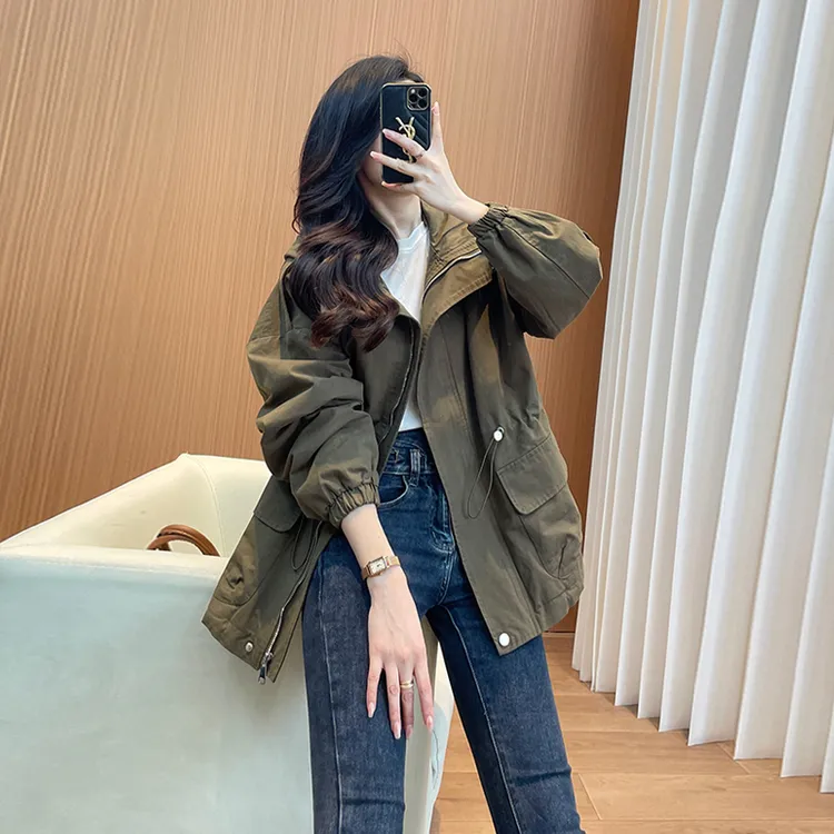 早春风衣外套女2025春秋新款韩系连帽抽绳收腰中长款休闲百搭大衣