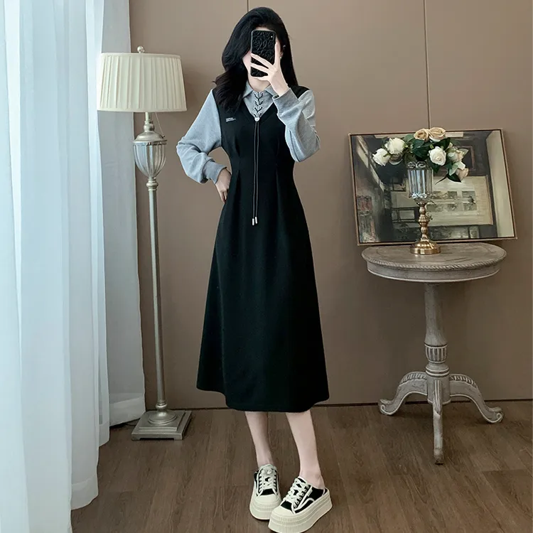 纳凡2025春季新款超显瘦休闲连衣裙少女感长袖赫本风假两件裙子