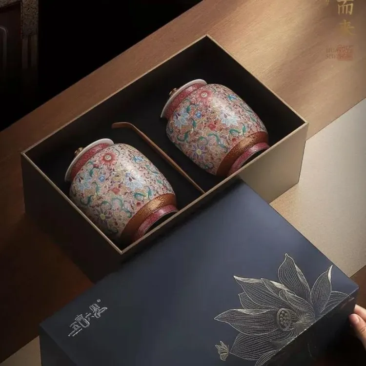 五言六器花开盛世·景德镇手工珐琅彩陶瓷茶叶罐储物罐对装礼盒