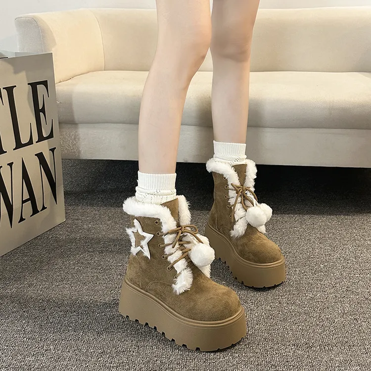 厚底增高加绒保暖图案雪地靴女款2025新款冬季毛绒短靴毛球大棉鞋