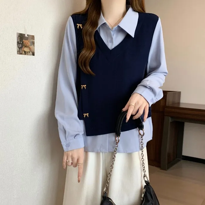 大码春秋衬衫假两件拼接马甲polo领设计感胖mm宽松减龄学院风上衣