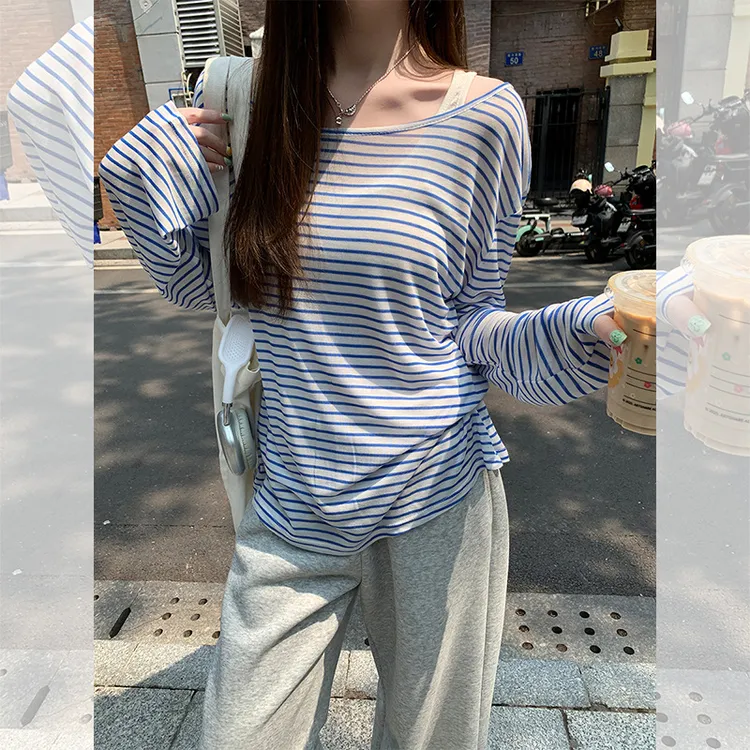 独特条纹撞色防晒罩衫长袖T恤女2025夏季新款吊带背心两件套上衣