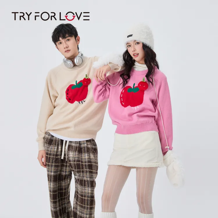 TRYFORLOVE新款情侣厚款毛针织衫苹果长袖圆领宽松加绒情侣毛衣