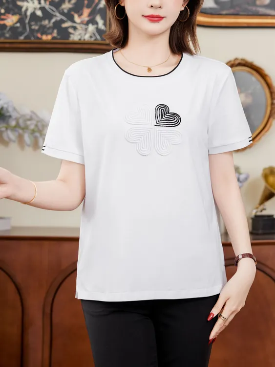 2025新款夏季大码百搭减龄宽松显瘦遮肉圆领绣花短袖T恤