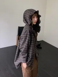 韩国东大门正品女装时尚宽松格子连帽衬衫092218（NO退NO换）