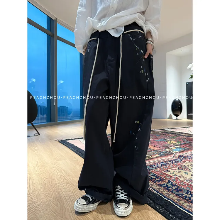『PEACHZHOU』彩漆'艺术画家'做旧宽松牛仔裤慵懒松驰阔腿弯刀长裤