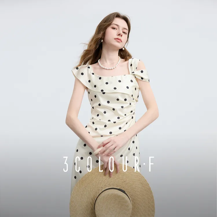 【直播专享】三彩独醒2025夏季法式波点连衣裙收腰长裙女F0116