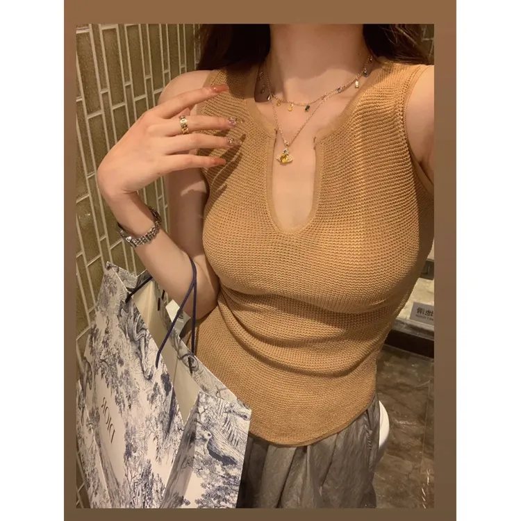 气质针织无袖小背心女装夏季新款修身显瘦复古别致外穿打底上衣潮