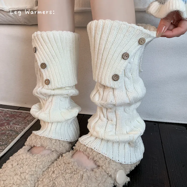 秋冬加厚灰色纽扣翻边袜套堆堆袜女生叠穿百搭针织复古麻花腿套