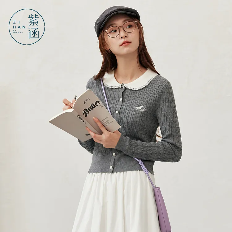 紫涵短款撞色翻领毛衣开衫女2025秋季新款文艺修身显瘦长袖针织衫