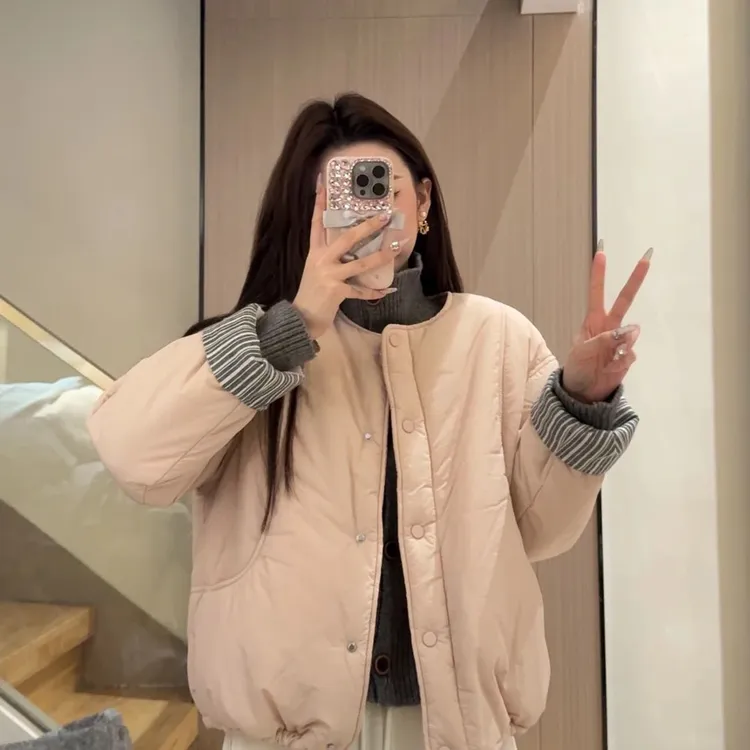 holdoumen[爆款]薄款棉衣2025春新款棉服上衣圆领宽松小个子时尚