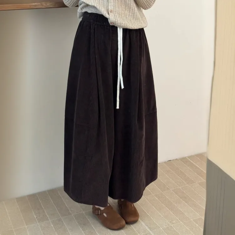 韩系简约松紧高腰大裤腿灯芯绒灯笼裤女复古百搭阔腿八分裤气球裤