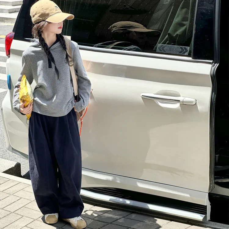 女童春秋卫衣套装儿童洋气条纹连帽衫中大童棉布休闲阔腿裤两件套