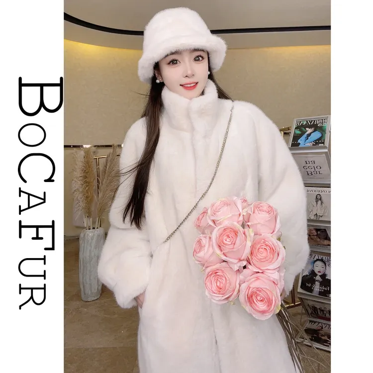 柏卡芙海宁2025冬装新款毛毛外套立领女长款毛毛大衣时尚气质女装