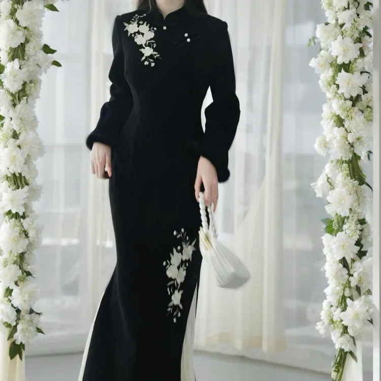 俏娘鱼黑色复古新中式倒大袖旗袍女2025冬新款日常可穿改良年轻款