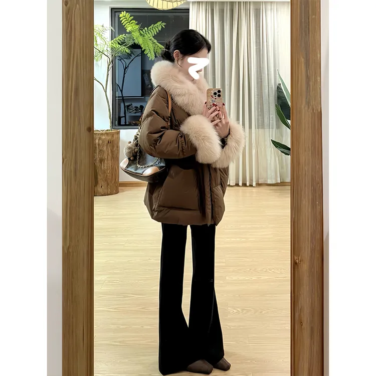 冬季2025新款轻奢气质大毛领拼接棉服大码胖mm高级感绑带显瘦外套