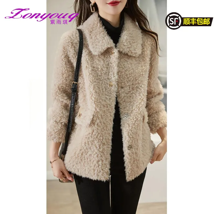 紫雨琪秋冬海宁皮草颗粒羊剪绒大衣覆合皮毛保暖短款羊毛羔外套
