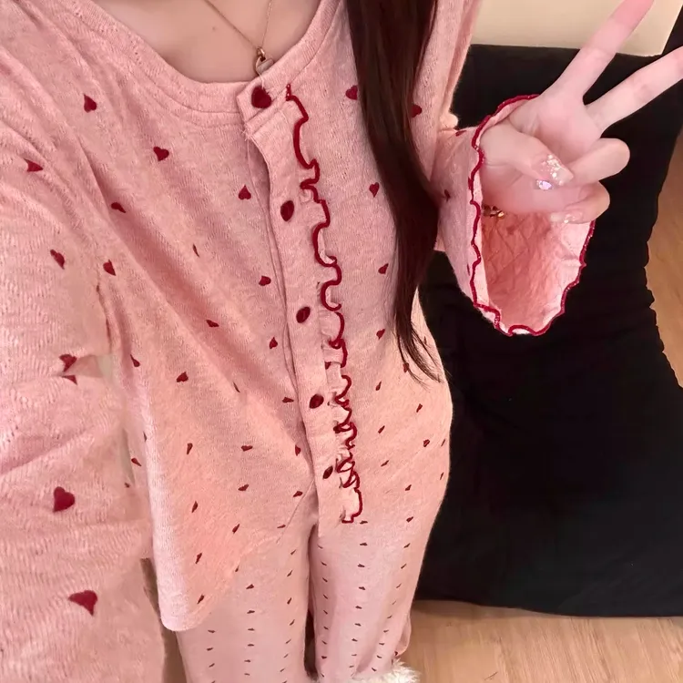 甜美风爱心印花亲肤德绒睡衣秋冬加绒保暖长袖长裤家居休闲两件套