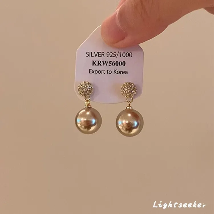 铜合金耳饰 法式爆闪锆石金色珠珠耳钉气质方圆脸百搭爆款耳饰女