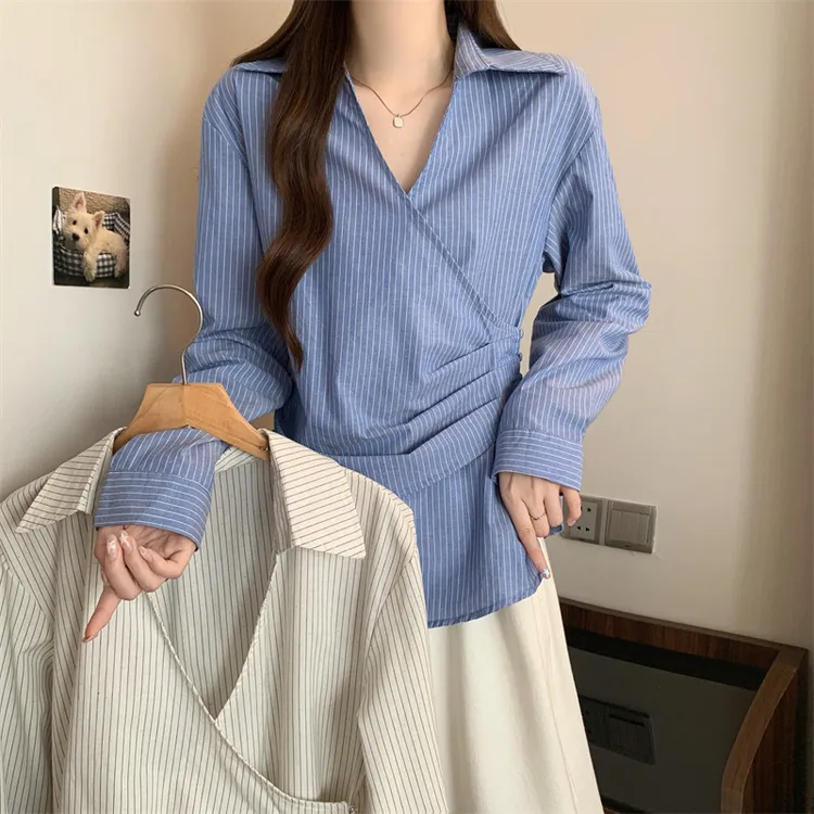2025大码胖MM秋季新款收腰显瘦条纹长袖衬衫女百搭遮肉上衣8233