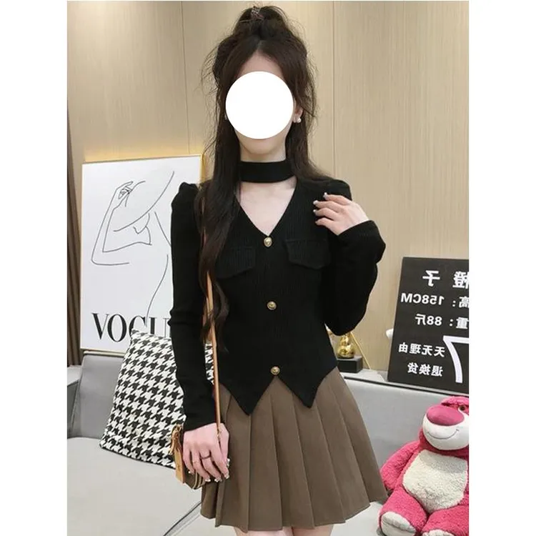 哥弟阿玛施正品大码女装小香风V领挂脖长袖打底衫秋季新款气质别