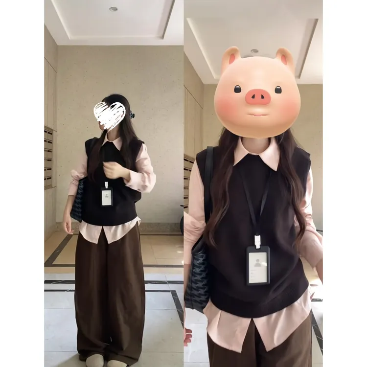 【莫鱼丸专属】美拉德针织马甲背心+刺绣衬衫外套+慵懒风垂感复古阔腿裤   60959
