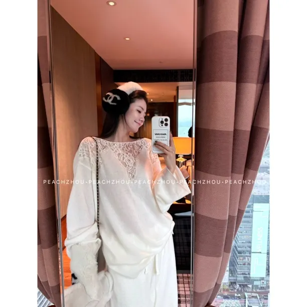 『PEACHZHOU』羊绒羊毛蕾丝卷边纯欲针织衫宽松圆领气质休闲毛衣