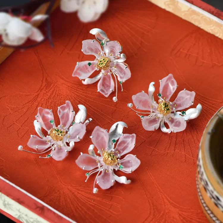 戊申堂【笑春风套装】S925银粉晶桃花三件套吊坠耳饰戒指 国风珠宝
