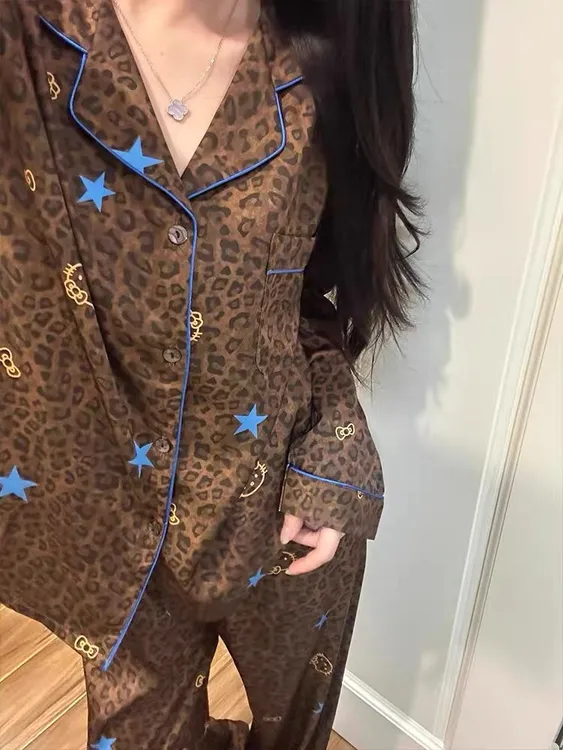 DANNYKIKI 法式休闲风黑皮豹纹睡衣女春秋季亲肤宽松长裤套装
