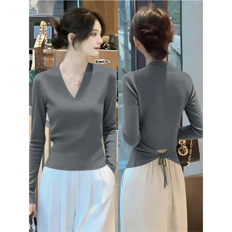 深灰色V领长袖针织衫2025秋季新款桑蚕丝气质镂空抽绳单穿上衣