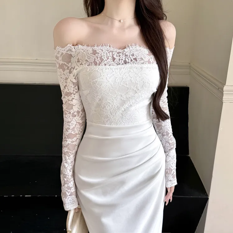 运补6-8 白色纯欲风蕾丝一字肩连衣裙女御姐气质长袖包臀长裙秋季