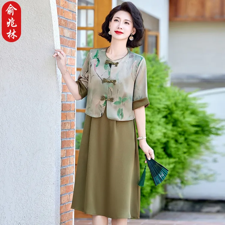 俞兆林妈妈端庄大气夏装连衣裙套装中老年夏季中式外套裙子两件套