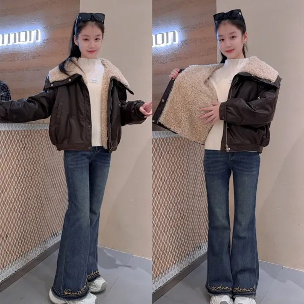 女童冬季复古大翻领羊羔毛拼接加绒加厚皮质短款外套牛仔裤套装