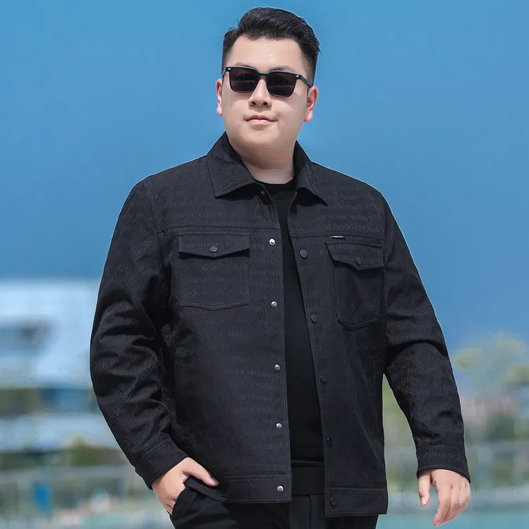 秋季大码男士时尚满印提花夹克衫加肥加大宽松翻领多口袋夹克外套