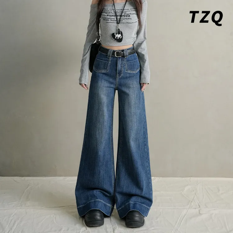复古蓝高腰微喇牛仔裤女2025秋宽松显瘦百搭阔腿喇叭裤TZQ2590307