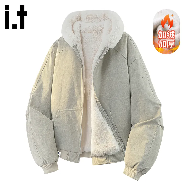 i.t:CHOCOOLATE羊羔绒保暖夹克棉服男士秋冬新款加绒加厚连帽外套