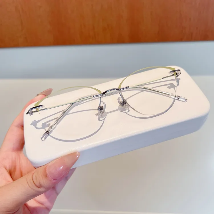 切边猫眼无框纯钛近视眼镜女可配度数高级感变色显瘦